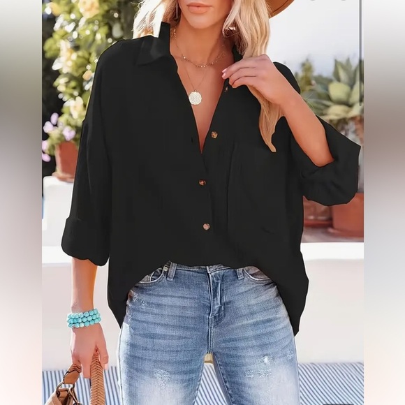 Black Button Up Shirt Turn Down Collar Blouse Black XXL 14 Plus Size Work Casual - Picture 4 of 4